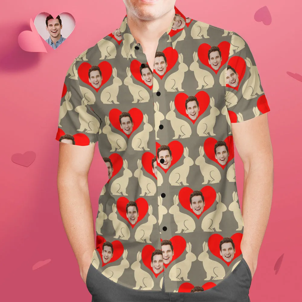 Custom Face Hawaiian Shirt Men's Popular All Over Print Hawaiian Beach Shirt Valentine's Day Gift - Heart and Rabbit