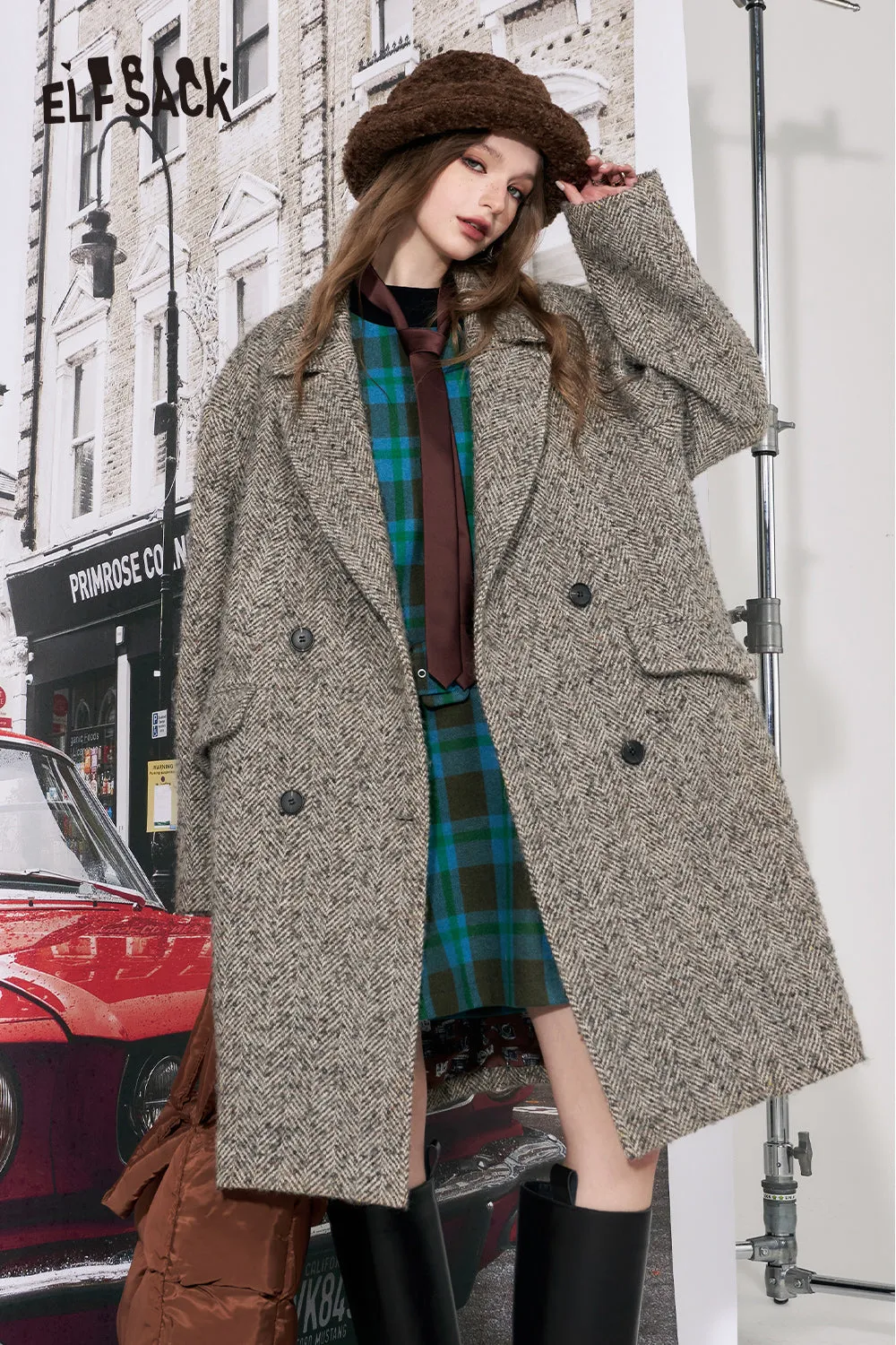 ELFSACK 2000s Korean Fashion Wool Coats Women 2023 Winter Detachable Fur Collar Mid-length Outwears