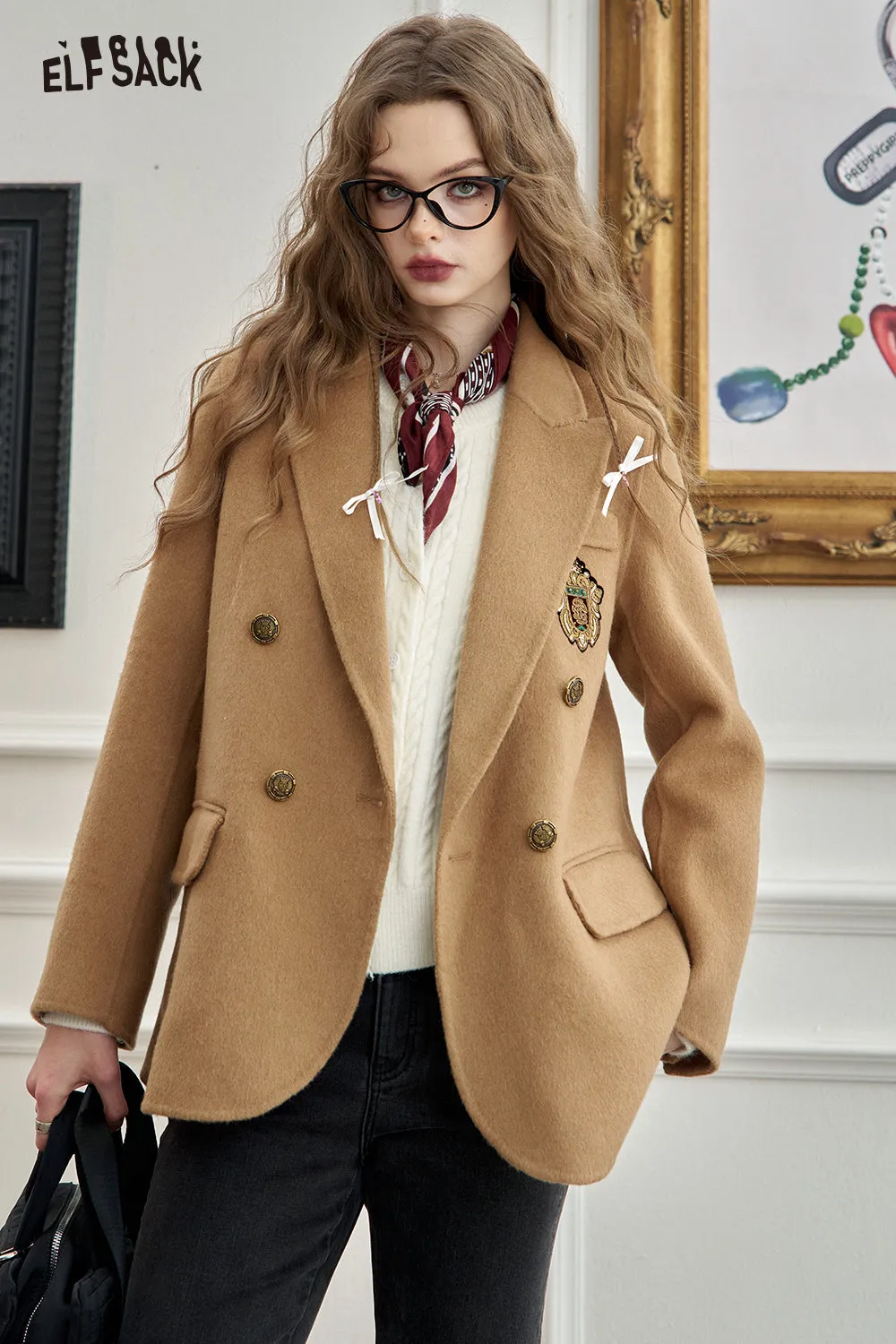 ELFSACK 2024 Winter New Arrivals Retro mid-length woolen coat for women, sweet, preppy style