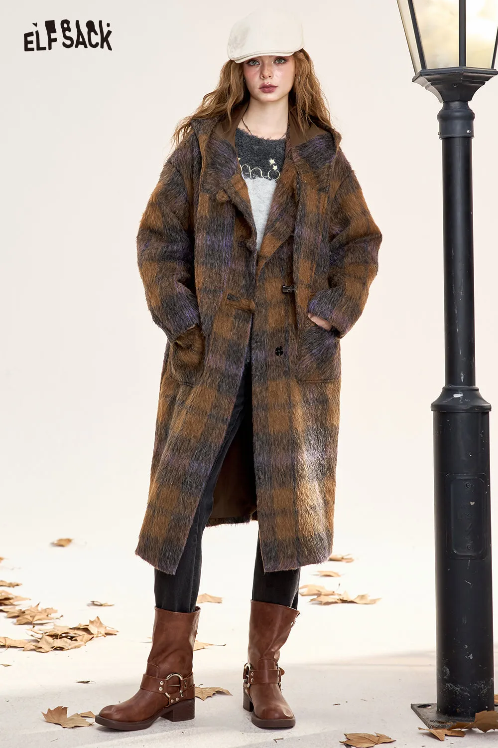 ELFSACK 2024 Winter New Arrivals Women's Brown Plaid Hooded Long Wool Coat with Horn Buttons