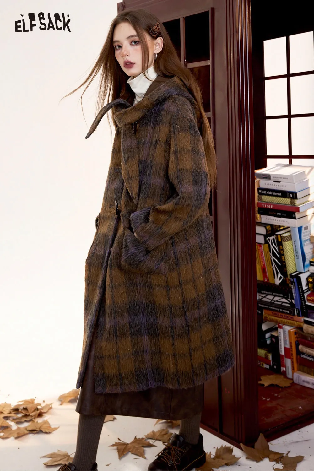 ELFSACK 2024 Winter New Arrivals Women's Brown Plaid Hooded Long Wool Coat with Horn Buttons