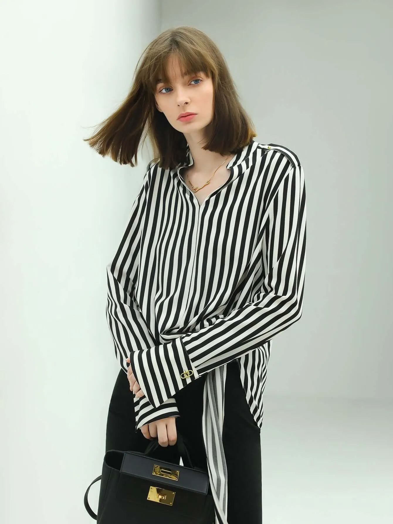 Flowy Vertical Stripe Shirt with a Side Belt