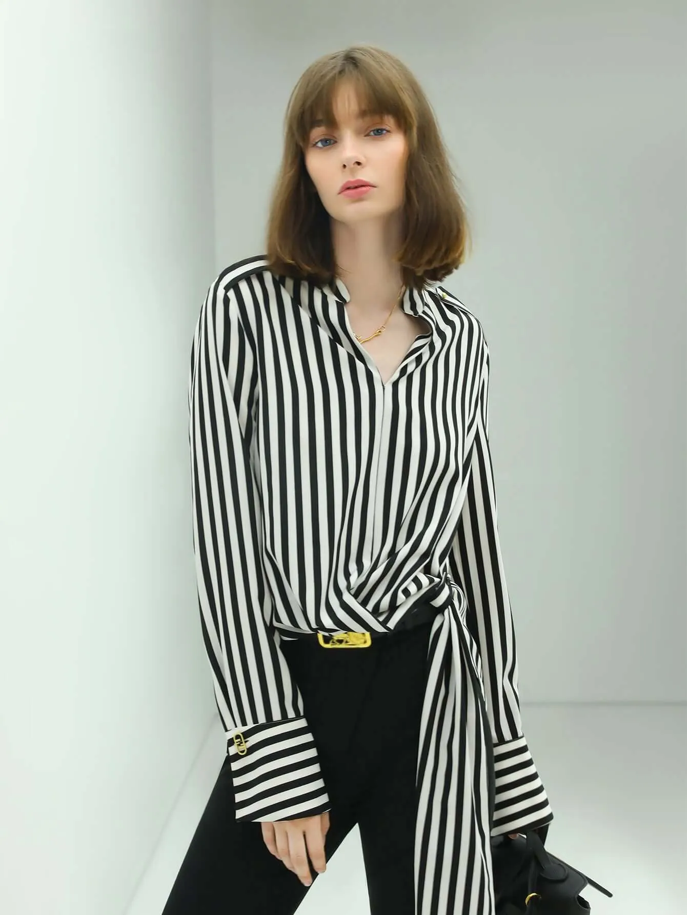 Flowy Vertical Stripe Shirt with a Side Belt