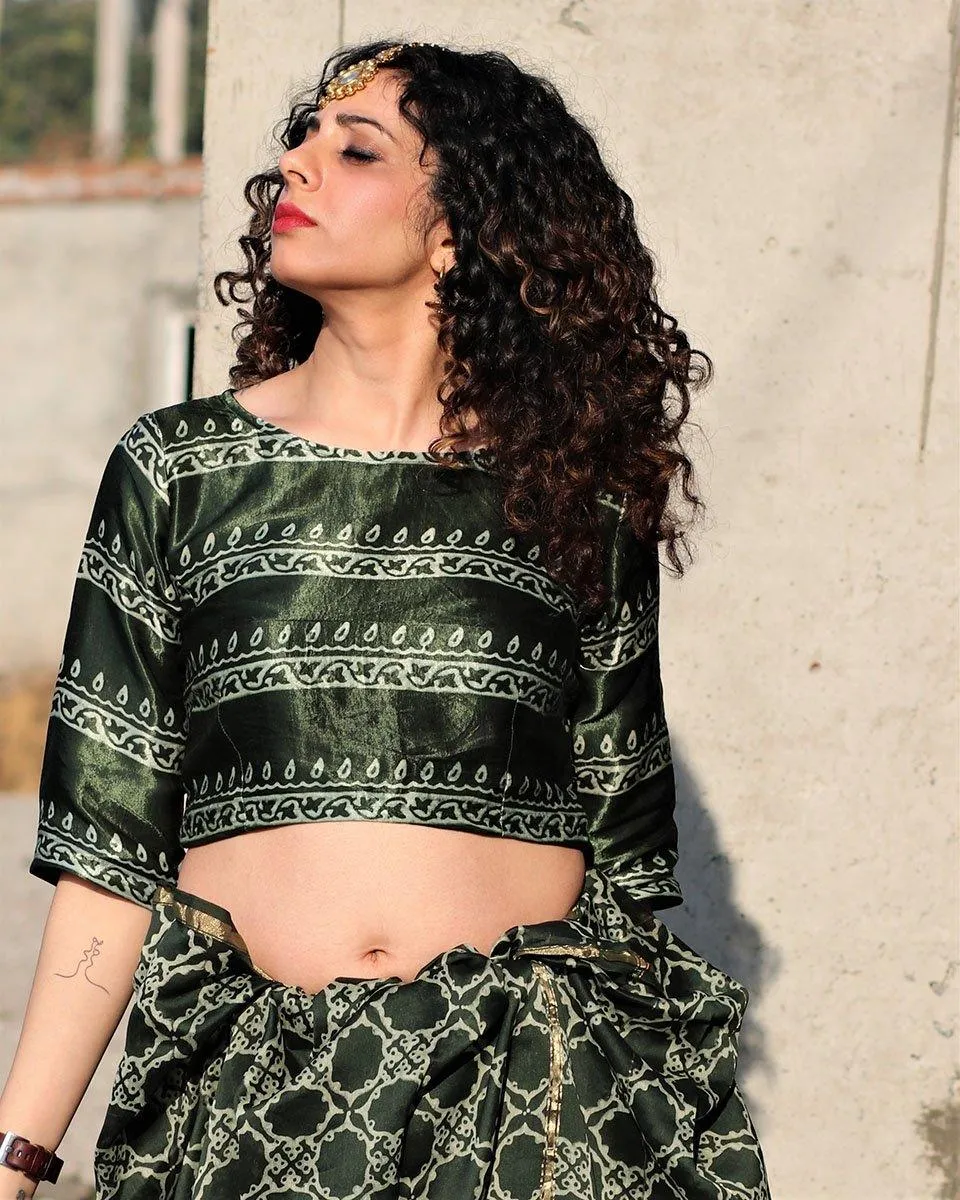 Green Line Crop Top Blouse In Mashru Silk