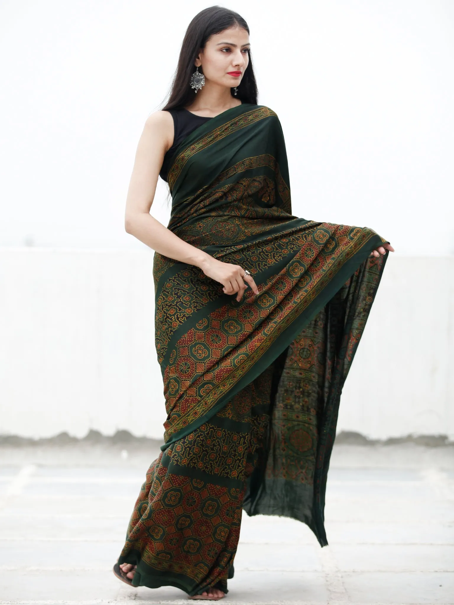 Green Maroon Yellow Ajrakh Hand Block Printed Modal Silk Saree in Natural Colors - S031703721