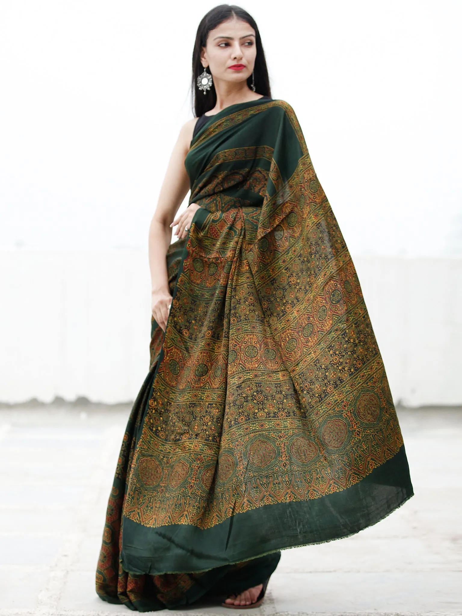 Green Maroon Yellow Ajrakh Hand Block Printed Modal Silk Saree in Natural Colors - S031703721