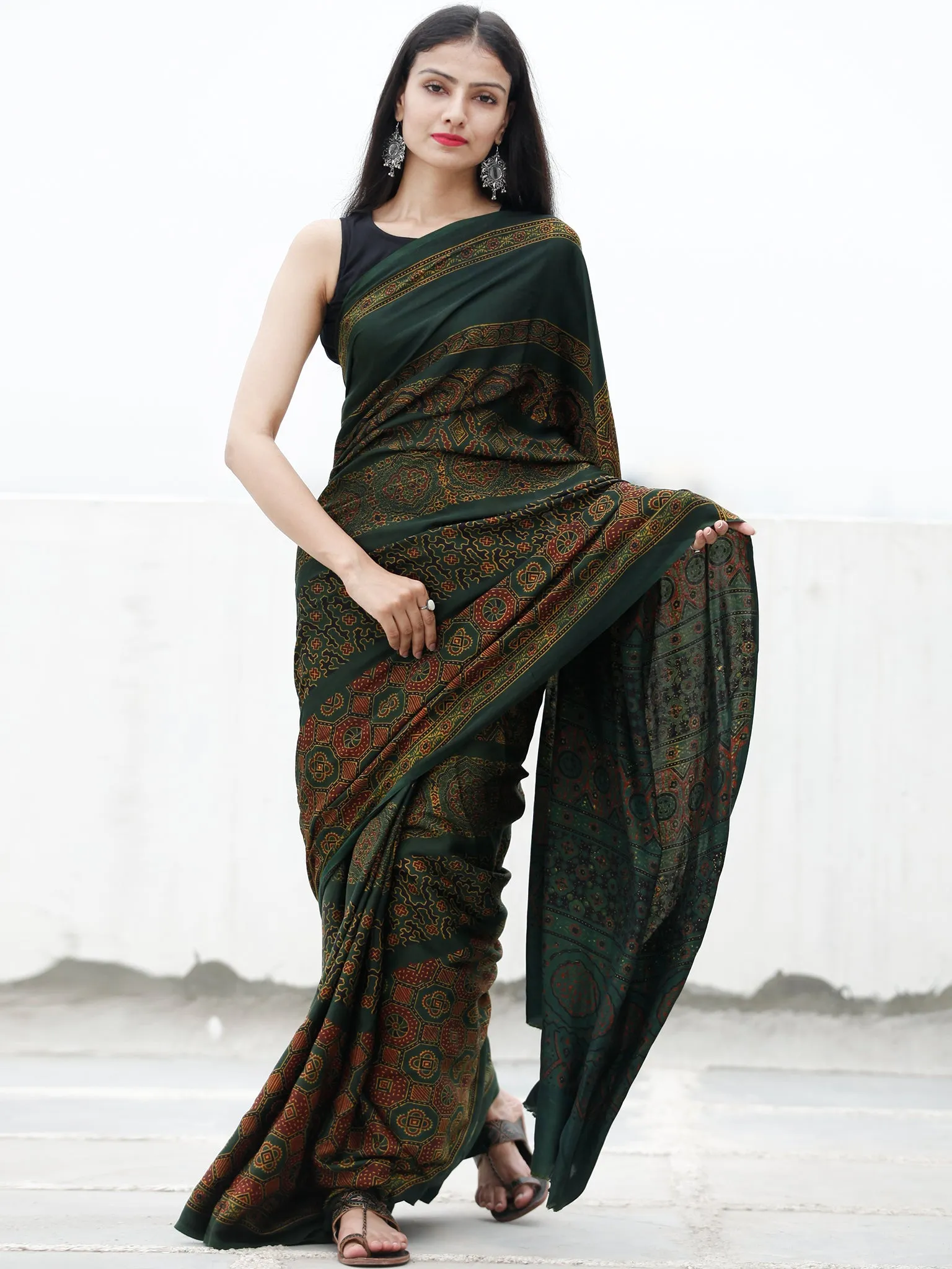 Green Maroon Yellow Ajrakh Hand Block Printed Modal Silk Saree in Natural Colors - S031703721