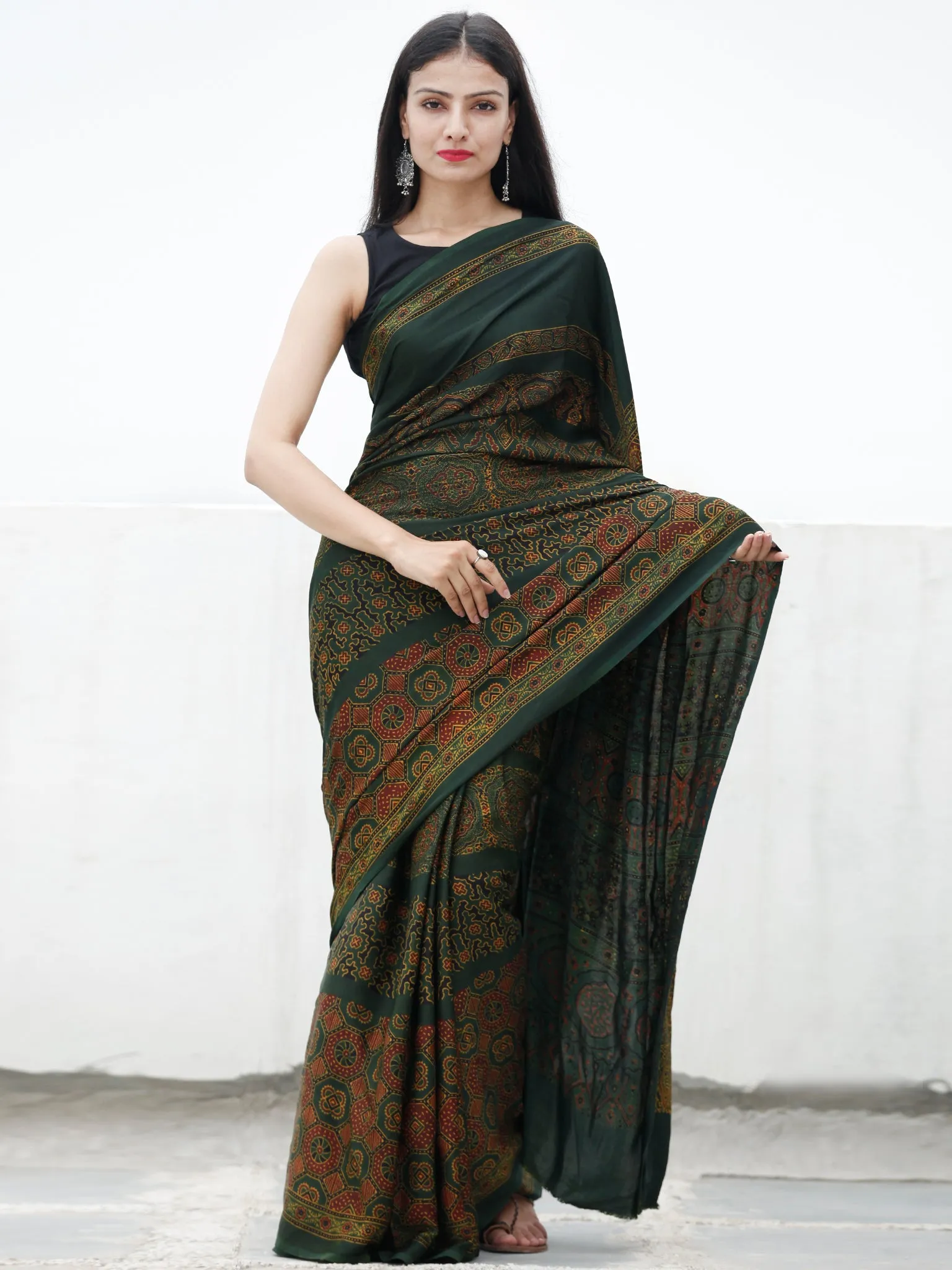 Green Maroon Yellow Ajrakh Hand Block Printed Modal Silk Saree in Natural Colors - S031703721