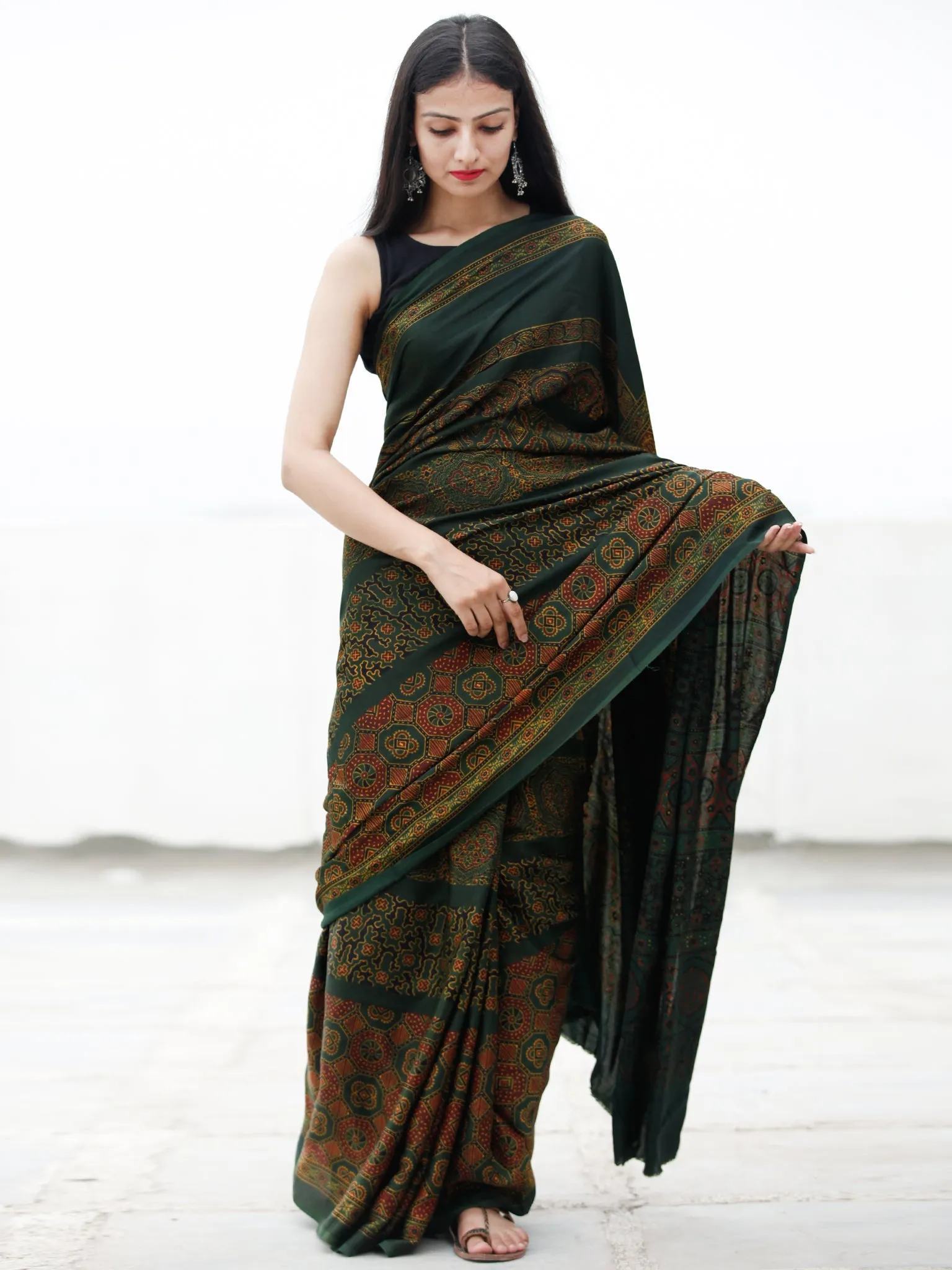 Green Maroon Yellow Ajrakh Hand Block Printed Modal Silk Saree in Natural Colors - S031703721