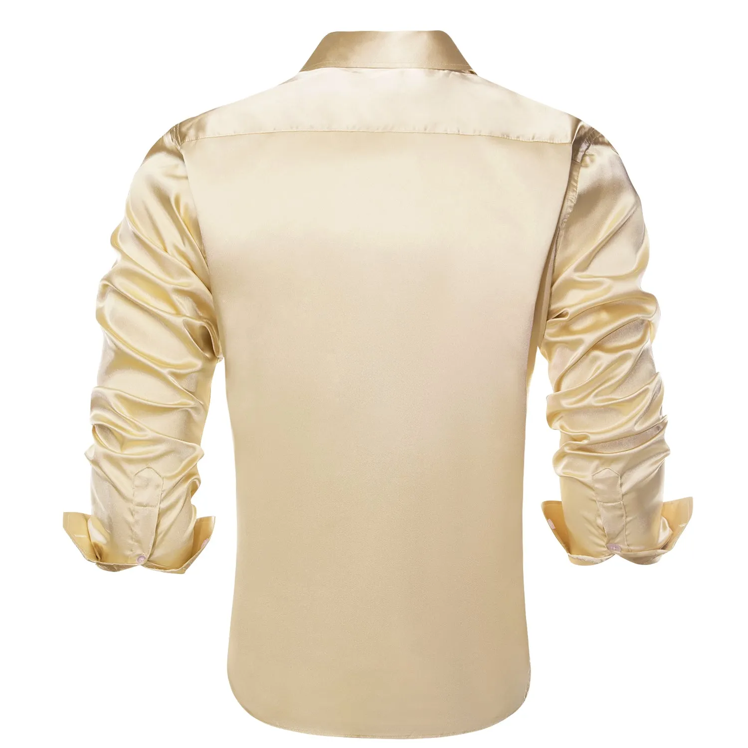 Hi-Tie Beige Shirts Solid Satin Silk Men's Long Sleeve Dress Shirt