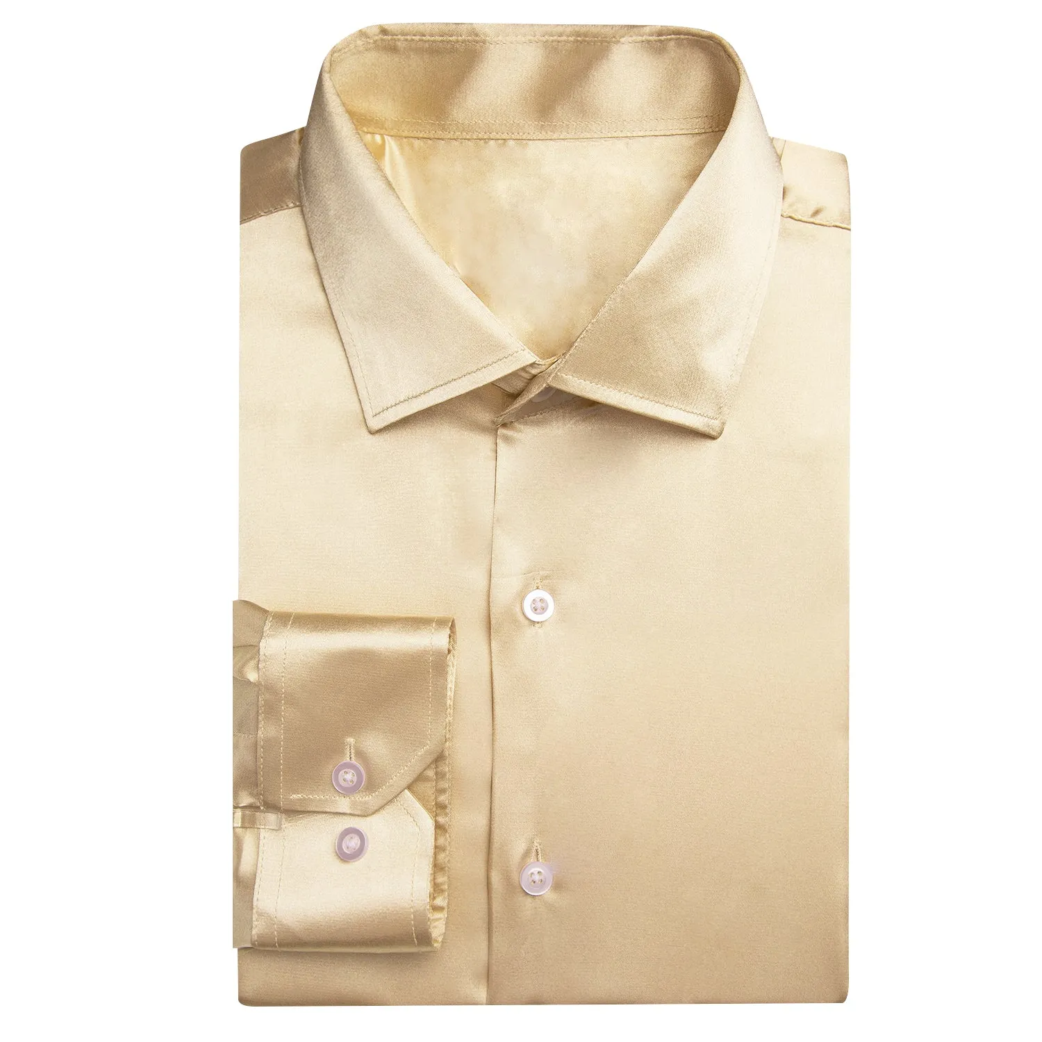 Hi-Tie Beige Shirts Solid Satin Silk Men's Long Sleeve Dress Shirt