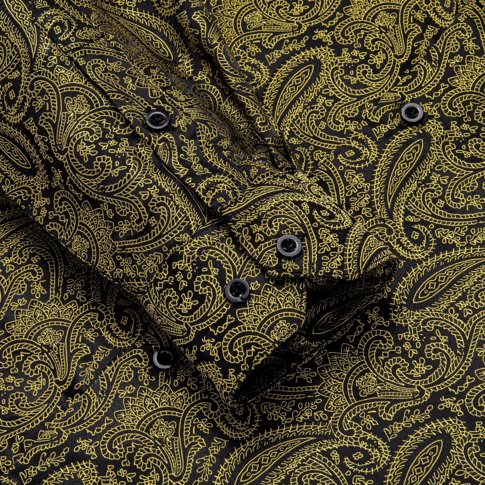 Hi-Tie Gold Black Shirt Jacquard Paisley Top Men's Long Sleeve Shirt