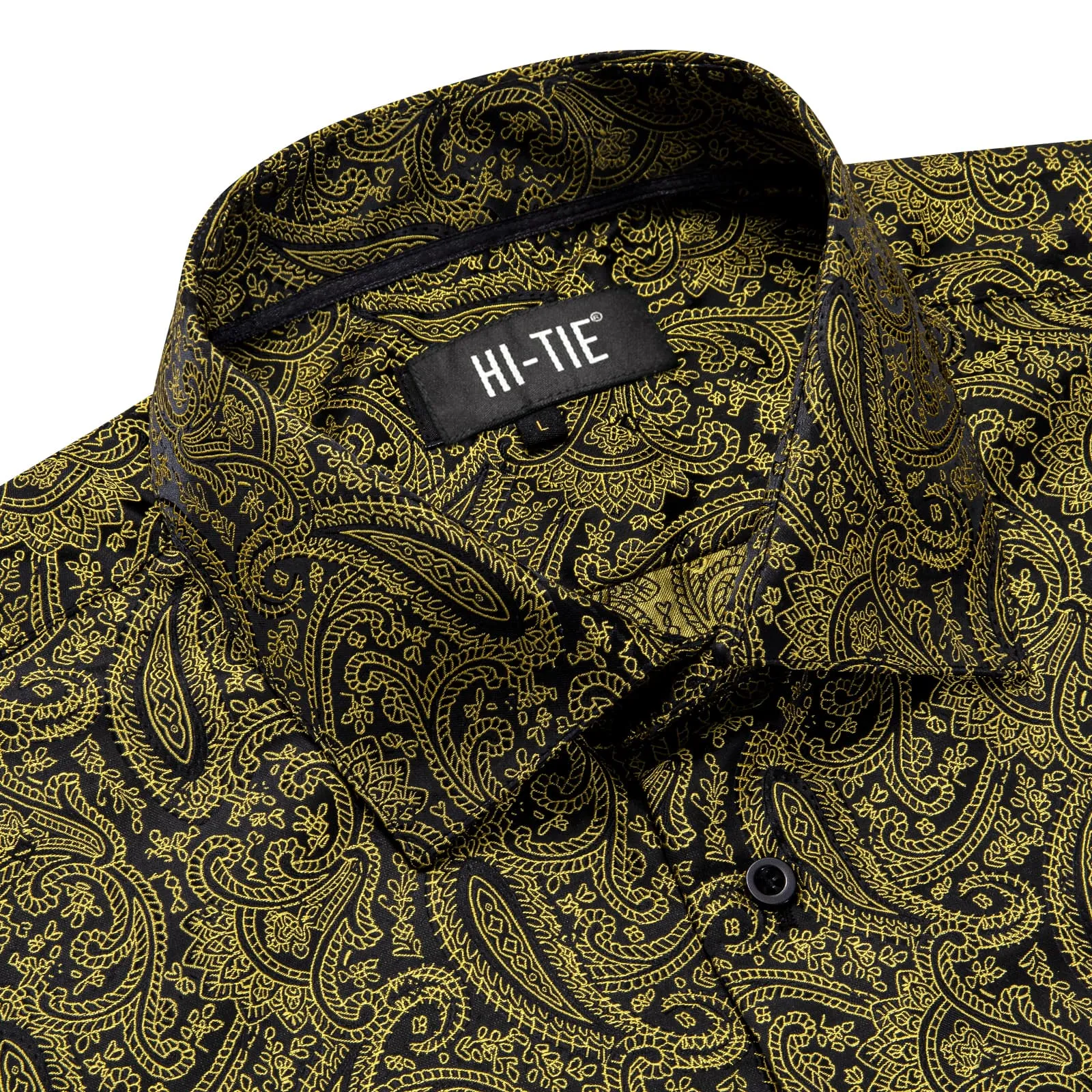 Hi-Tie Gold Black Shirt Jacquard Paisley Top Men's Long Sleeve Shirt