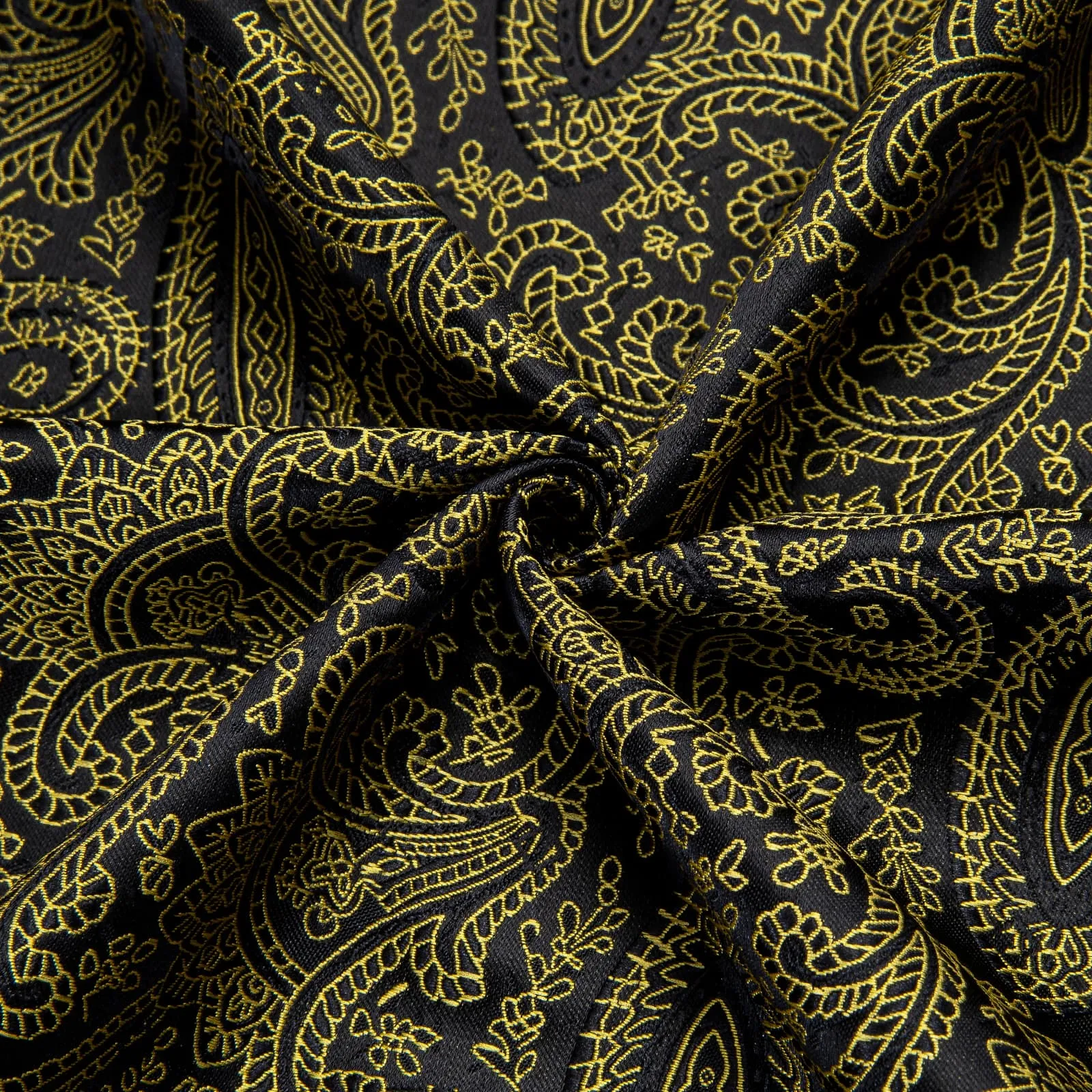 Hi-Tie Gold Black Shirt Jacquard Paisley Top Men's Long Sleeve Shirt