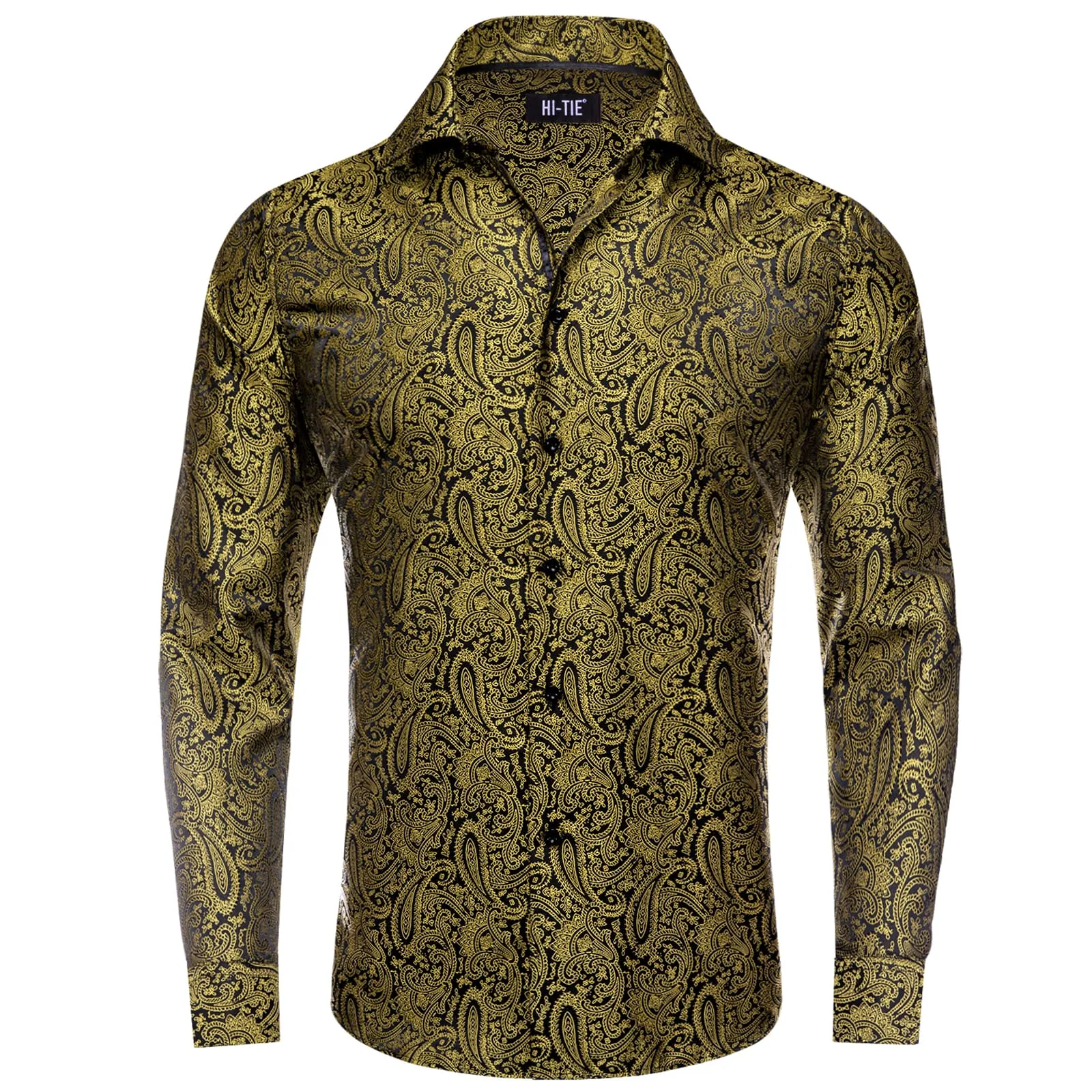 Hi-Tie Gold Black Shirt Jacquard Paisley Top Men's Long Sleeve Shirt