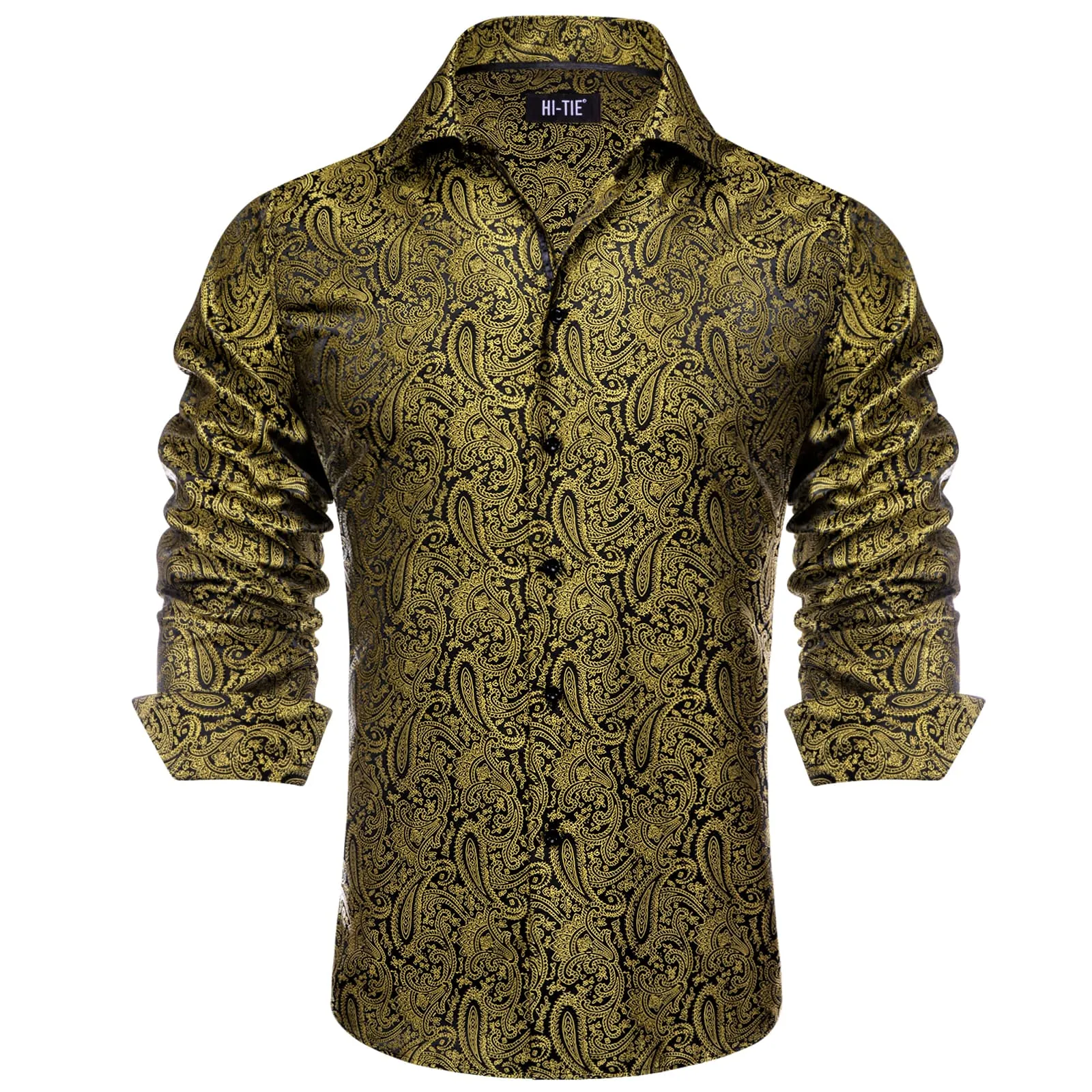 Hi-Tie Gold Black Shirt Jacquard Paisley Top Men's Long Sleeve Shirt