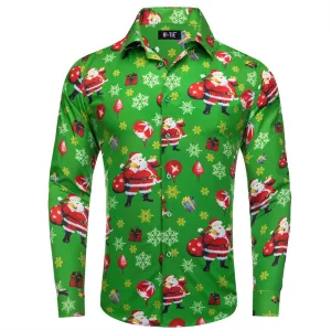 Hi-Tie Green Snow Santa Claus Christmas Silk Button-Down Long Sleeve Shirt