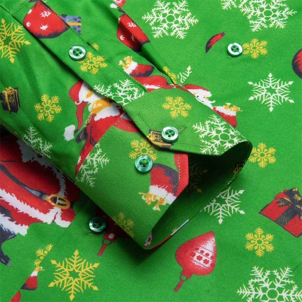 Hi-Tie Green Snow Santa Claus Christmas Silk Button-Down Long Sleeve Shirt