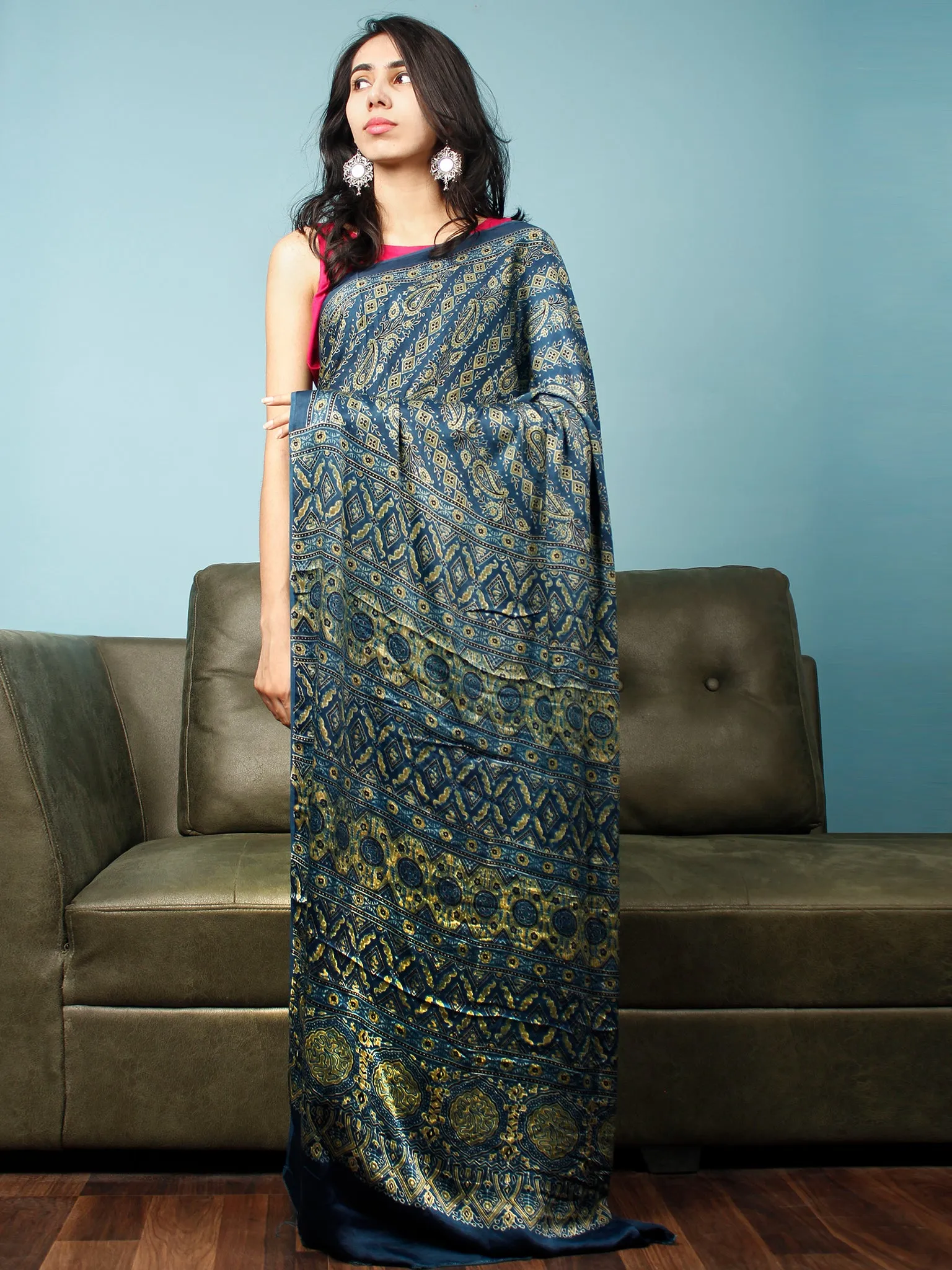 Indigo Green Ajrakh Hand Block Printed Modal Silk Saree in Natural Colors - S031703343