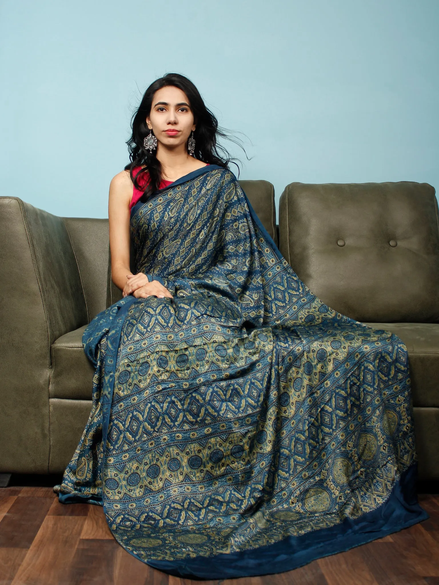 Indigo Green Ajrakh Hand Block Printed Modal Silk Saree in Natural Colors - S031703343