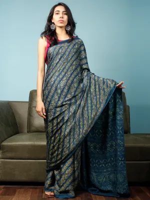 Indigo Green Ajrakh Hand Block Printed Modal Silk Saree in Natural Colors - S031703343