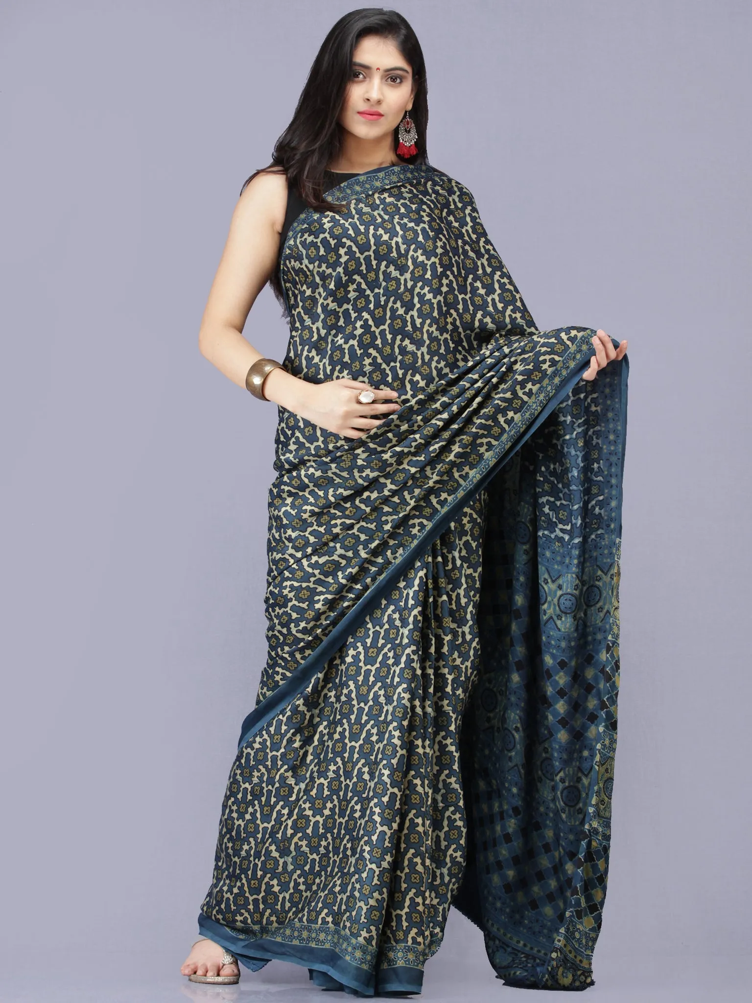 Indigo Ivory Green Ajrakh Hand Block Printed Modal Silk Saree - S031704191