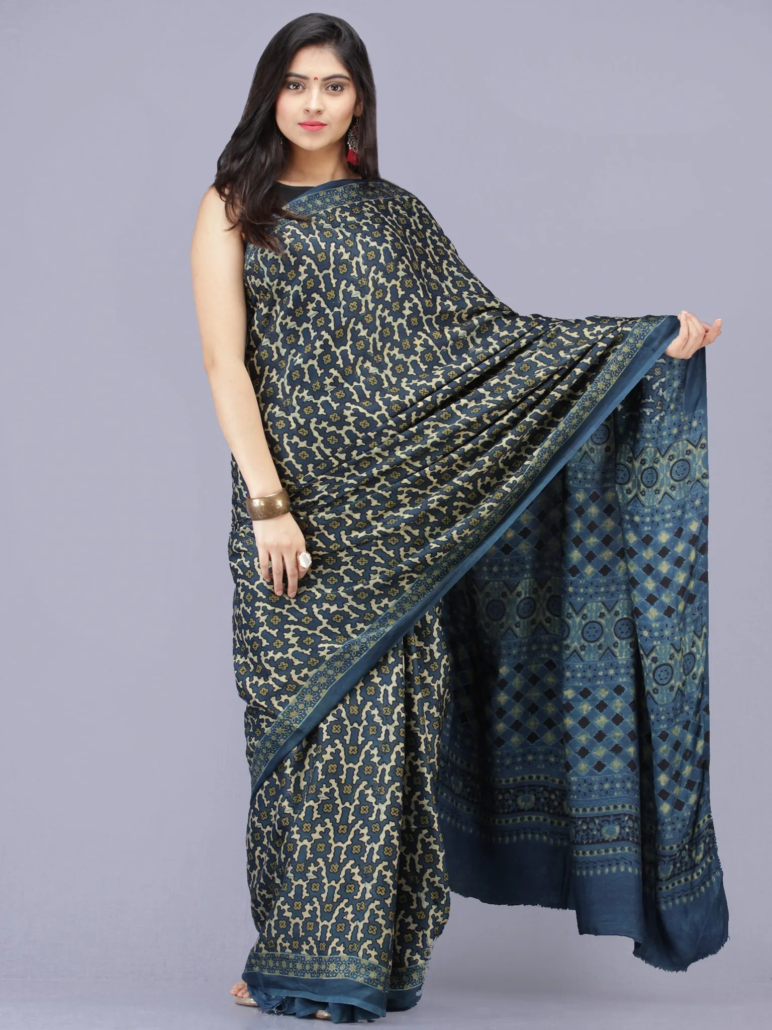 Indigo Ivory Green Ajrakh Hand Block Printed Modal Silk Saree - S031704191