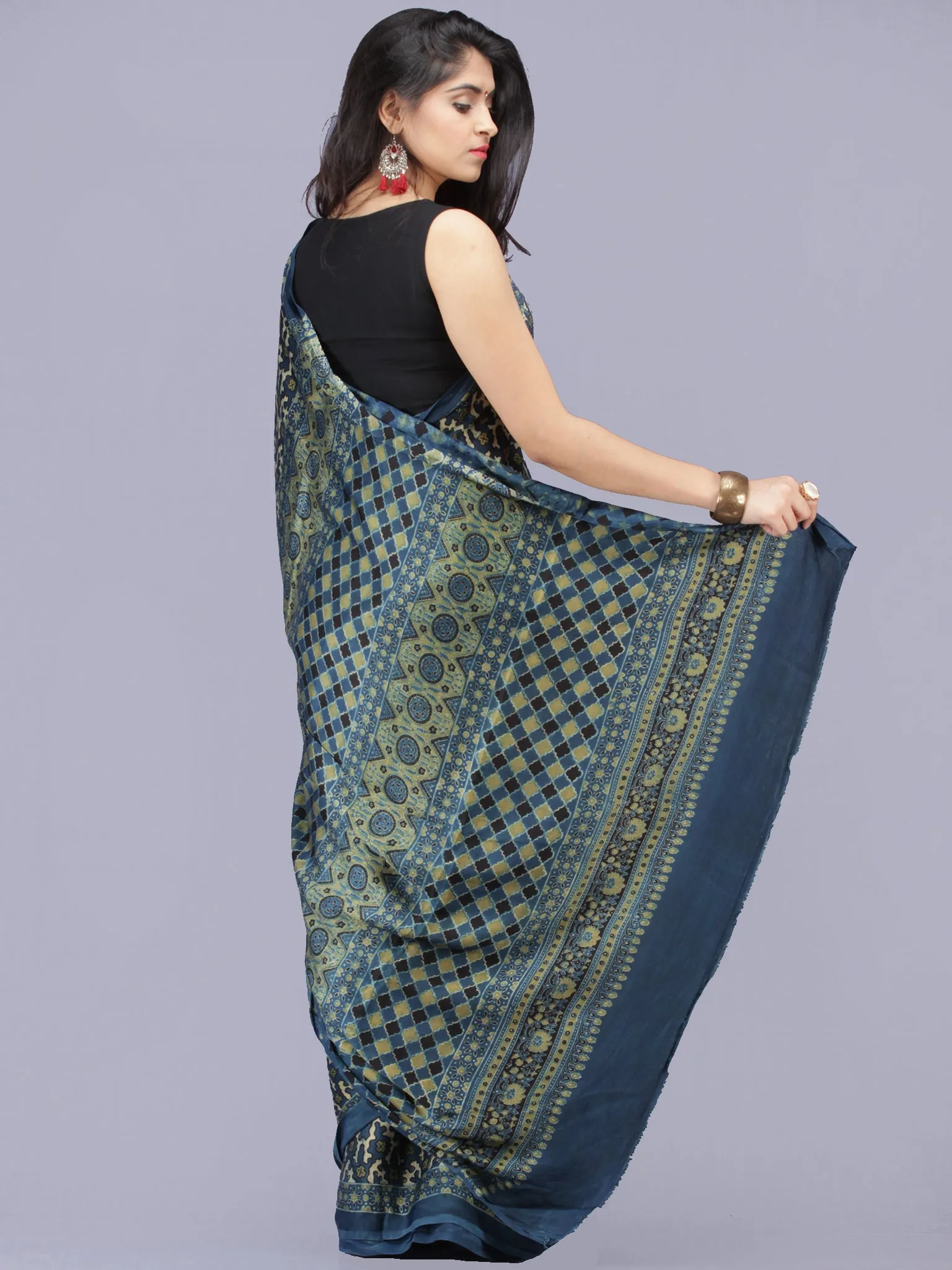 Indigo Ivory Green Ajrakh Hand Block Printed Modal Silk Saree - S031704191