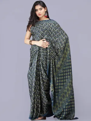 Indigo Ivory Green Ajrakh Hand Block Printed Modal Silk Saree - S031704191