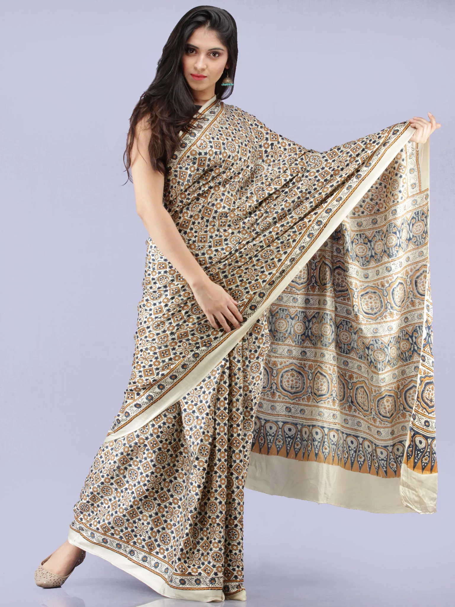 Ivory Indigo Mustard Ajrakh Hand Block Printed Modal Silk Saree - S031704233