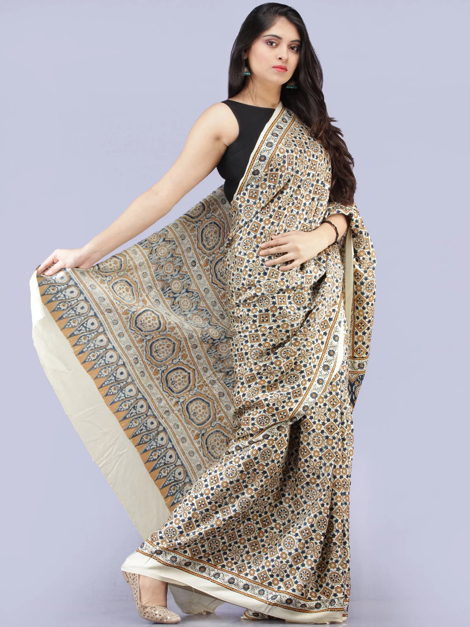 Ivory Indigo Mustard Ajrakh Hand Block Printed Modal Silk Saree - S031704233