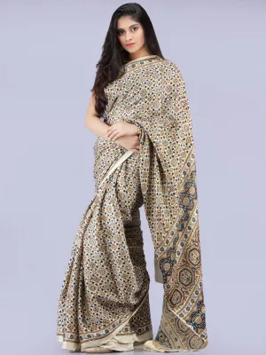 Ivory Indigo Mustard Ajrakh Hand Block Printed Modal Silk Saree - S031704233