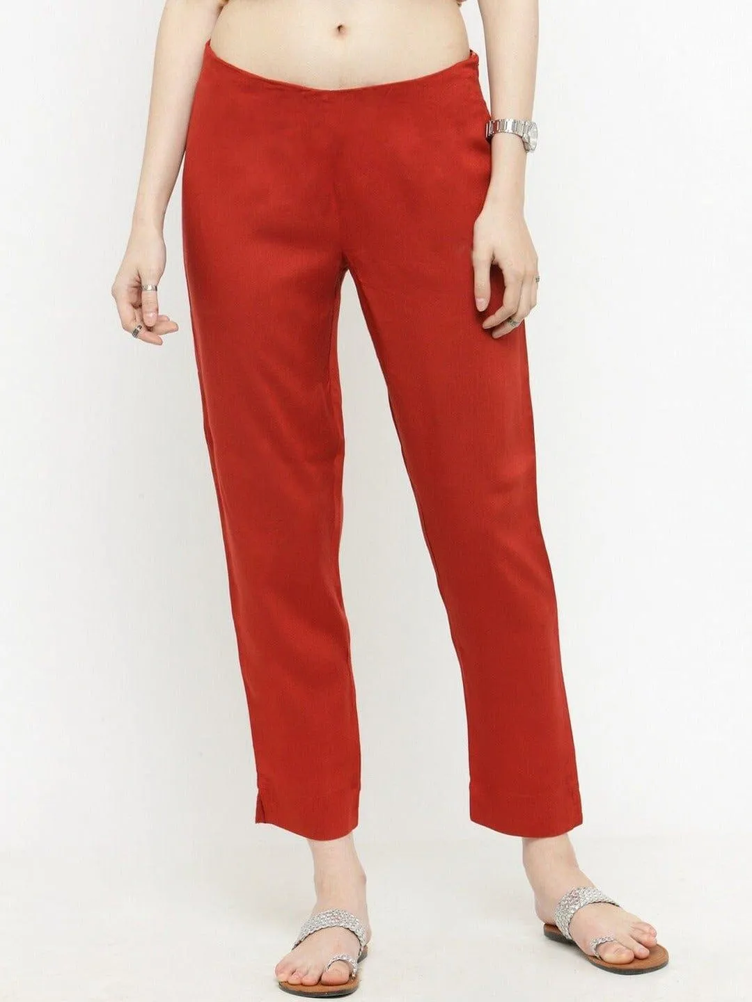 KSUT Red Straight Fit Solid Regular Trousers