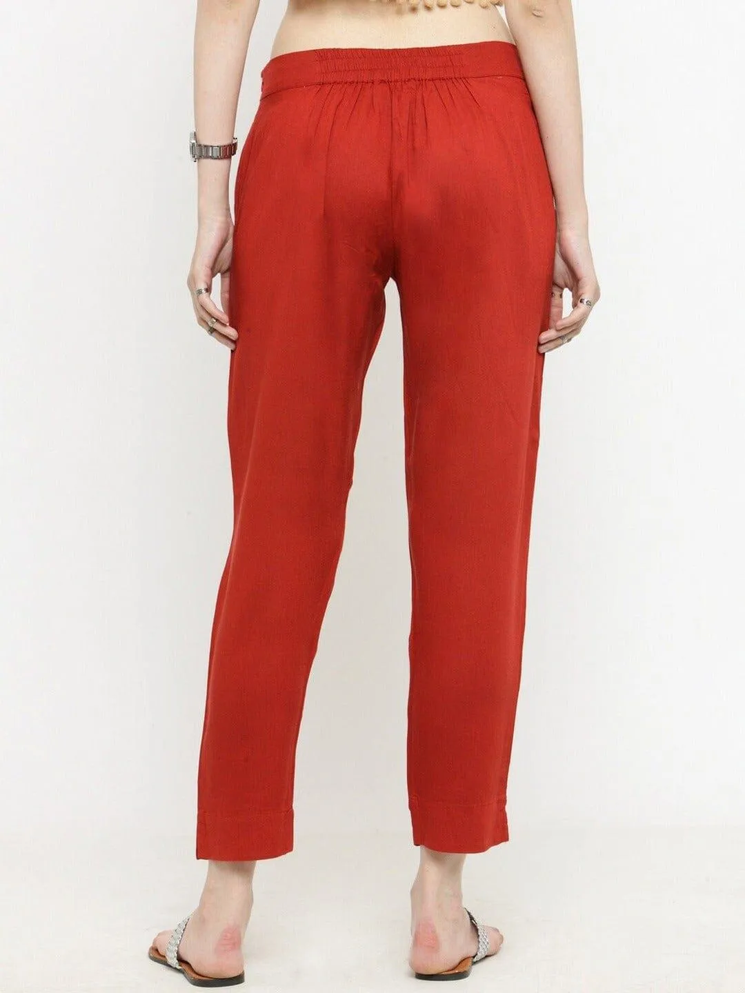 KSUT Red Straight Fit Solid Regular Trousers