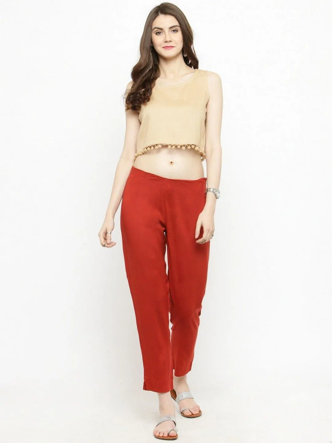 KSUT Red Straight Fit Solid Regular Trousers