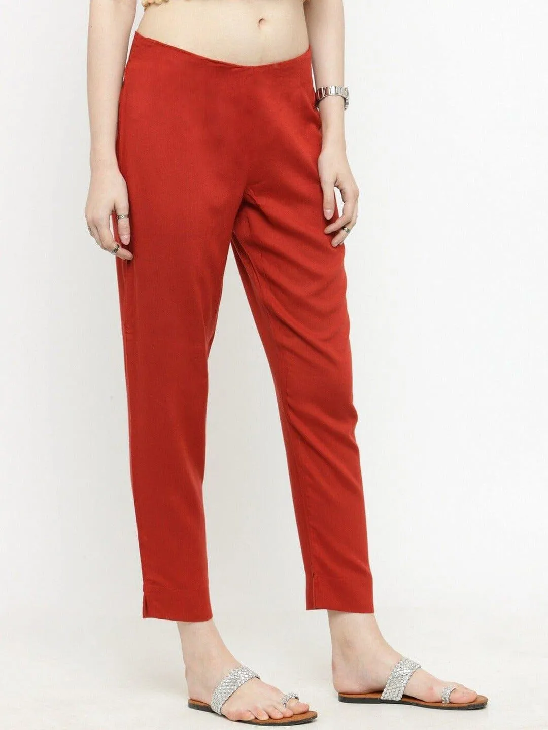 KSUT Red Straight Fit Solid Regular Trousers