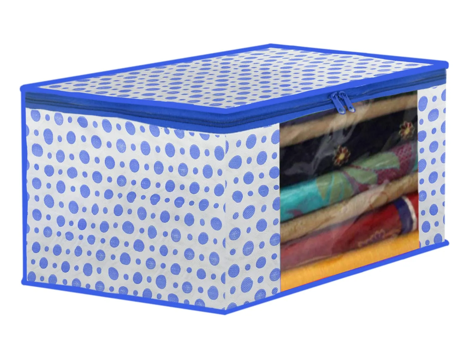 Kuber Industries Dot Printed Foldable, Lightweight Non-Woven Blouse & Saree Cover/Organizer Set With Tranasparent Window- Pack of 2 (Blue)-46KM0465