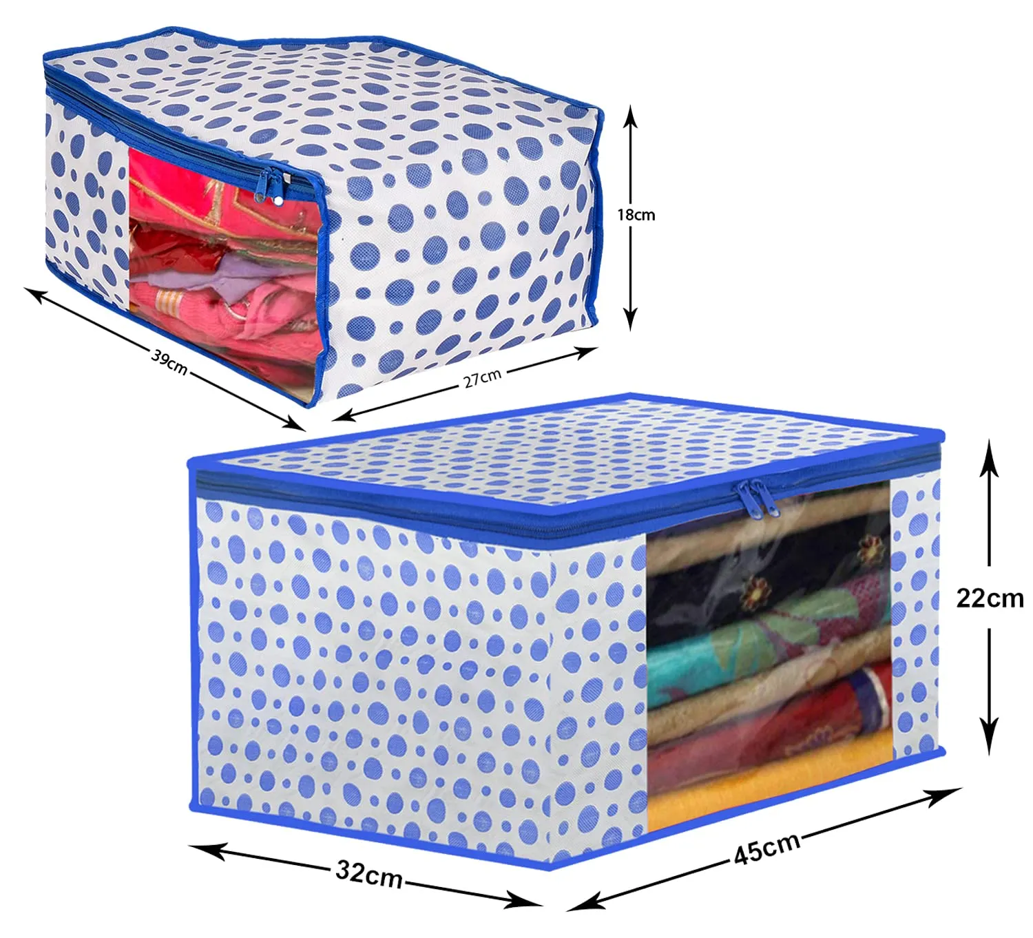 Kuber Industries Dot Printed Foldable, Lightweight Non-Woven Blouse & Saree Cover/Organizer Set With Tranasparent Window- Pack of 2 (Blue)-46KM0465