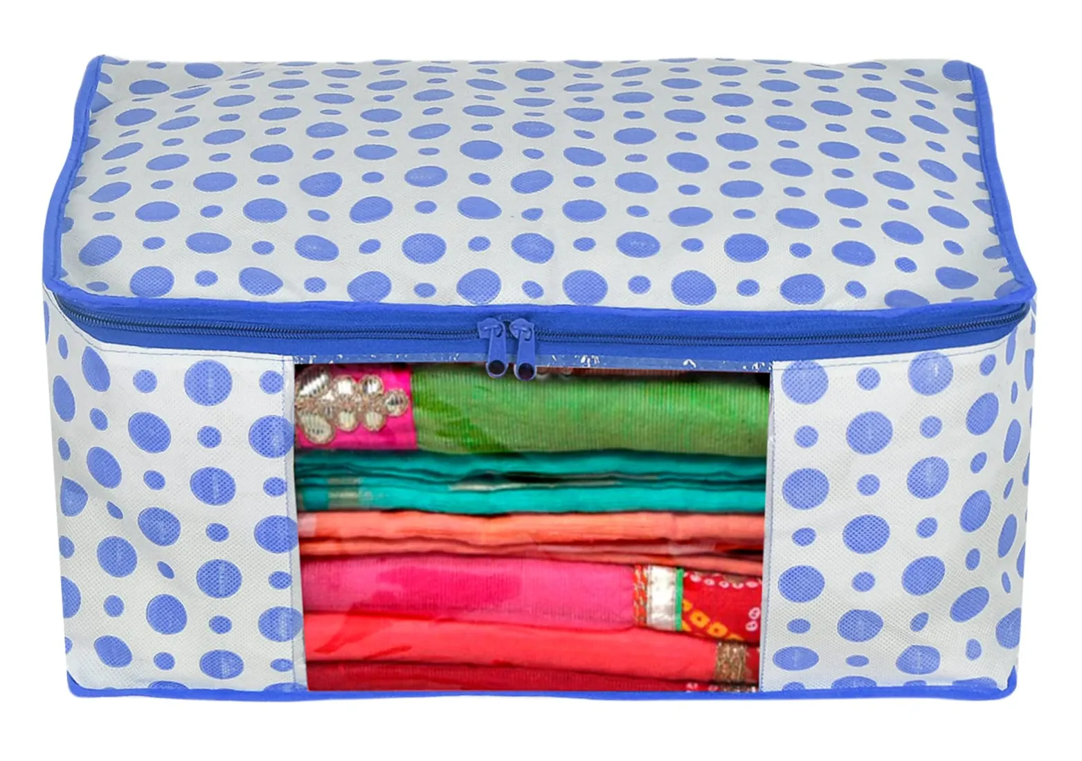 Kuber Industries Dot Printed Foldable, Lightweight Non-Woven Blouse & Saree Cover/Organizer Set With Tranasparent Window- Pack of 2 (Blue)-46KM0465