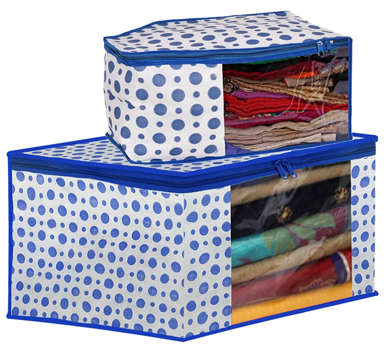 Kuber Industries Dot Printed Foldable, Lightweight Non-Woven Blouse & Saree Cover/Organizer Set With Tranasparent Window- Pack of 2 (Blue)-46KM0465