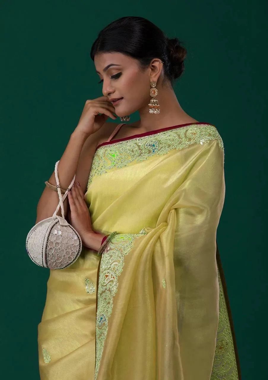 Lemon Yellow Organza Silk  Saree