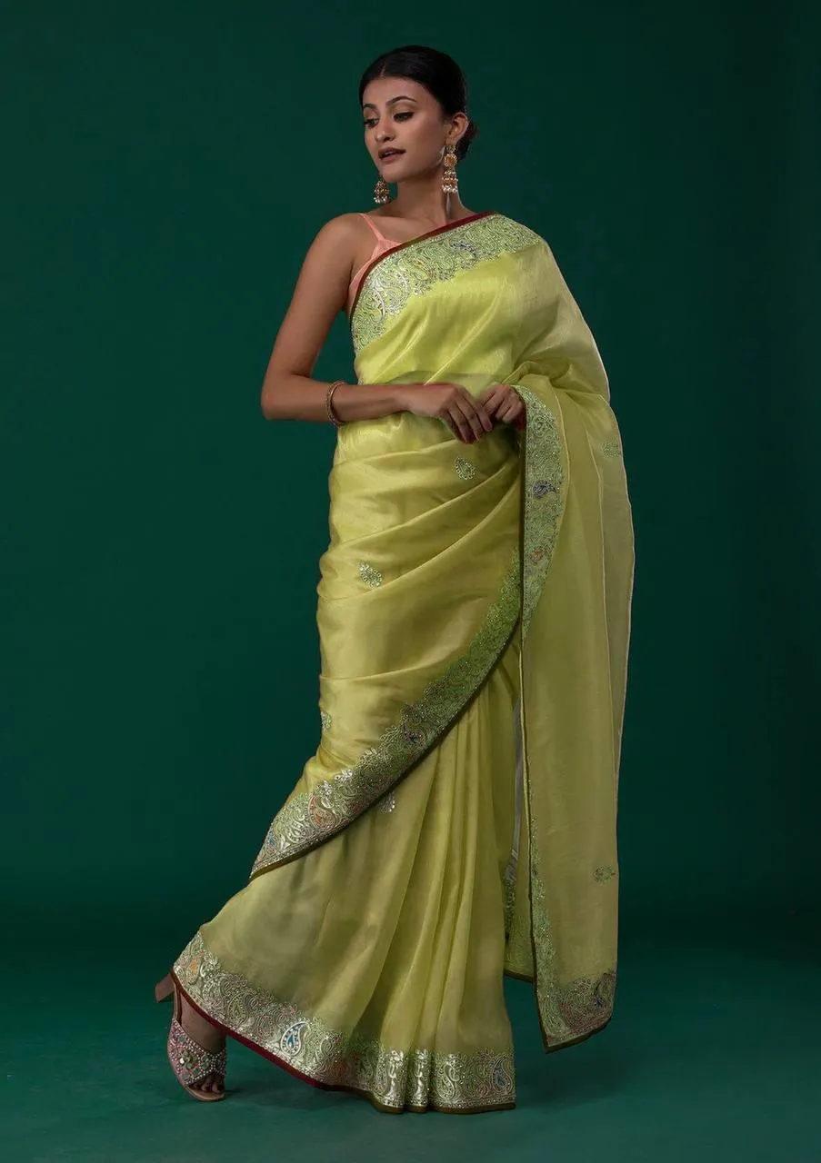 Lemon Yellow Organza Silk  Saree