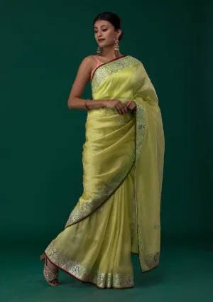 Lemon Yellow Organza Silk  Saree