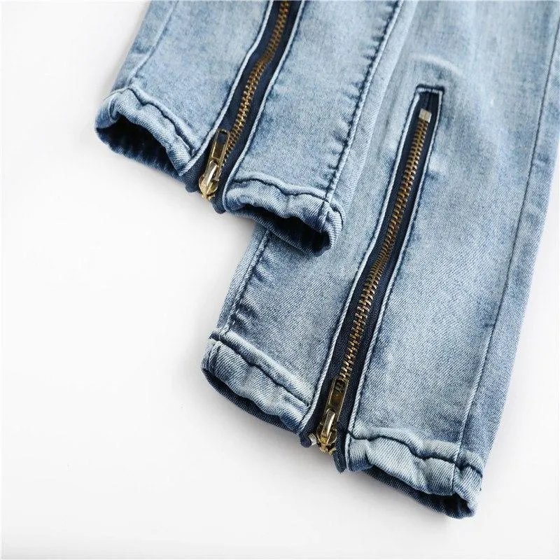 Light Blue Stone Wash Skinny Ankle Zipper Jeans