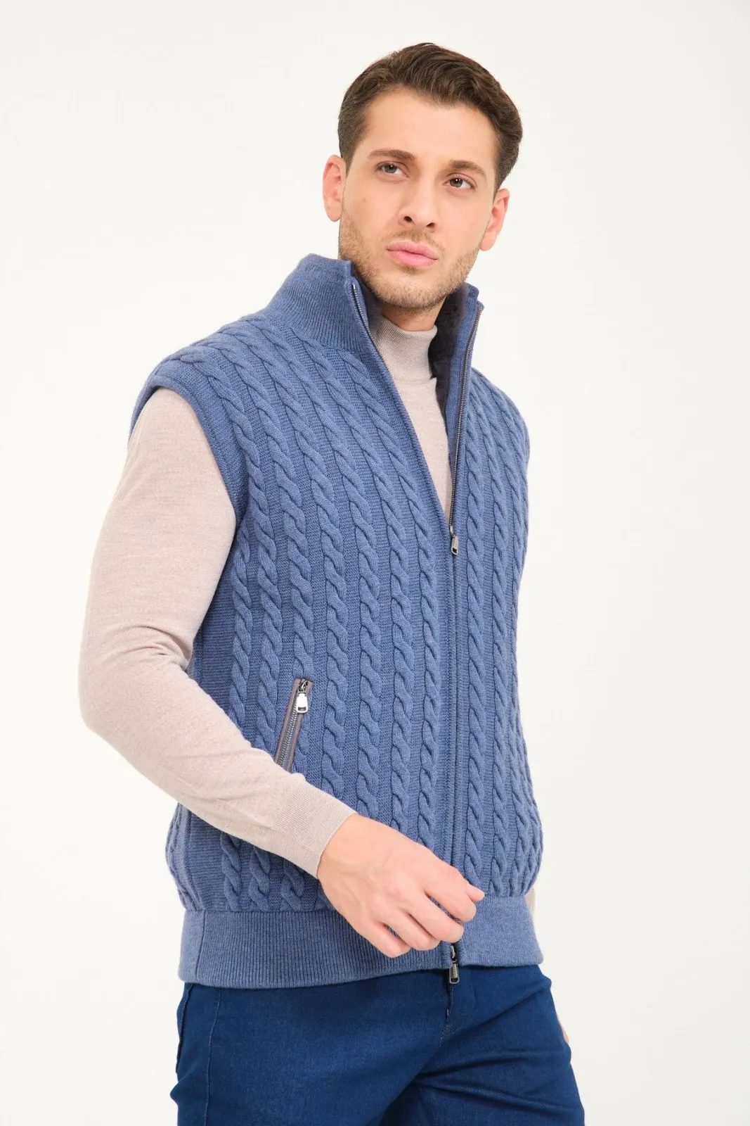 Light Blue Wool & Rex Fur Knit Vest