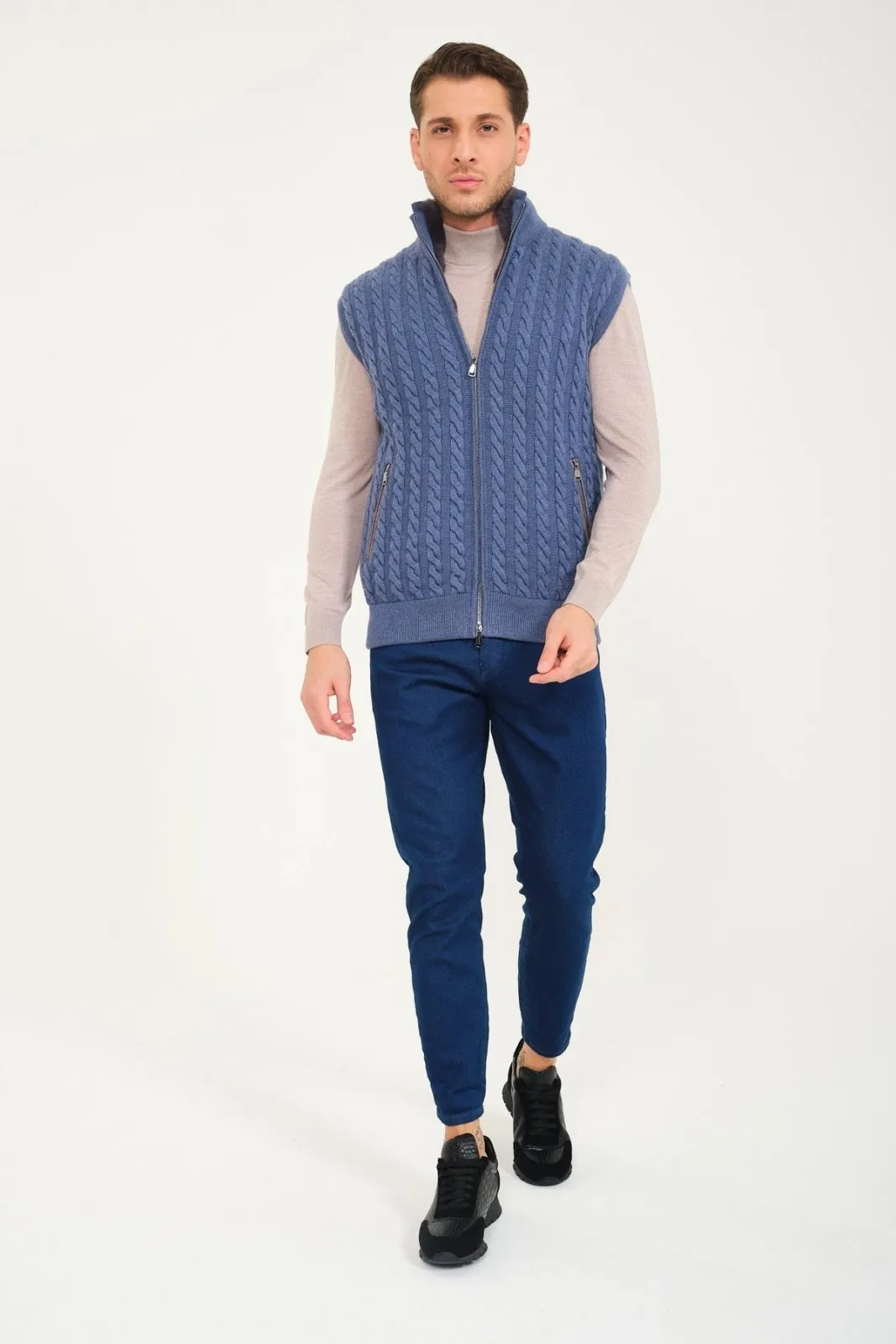 Light Blue Wool & Rex Fur Knit Vest