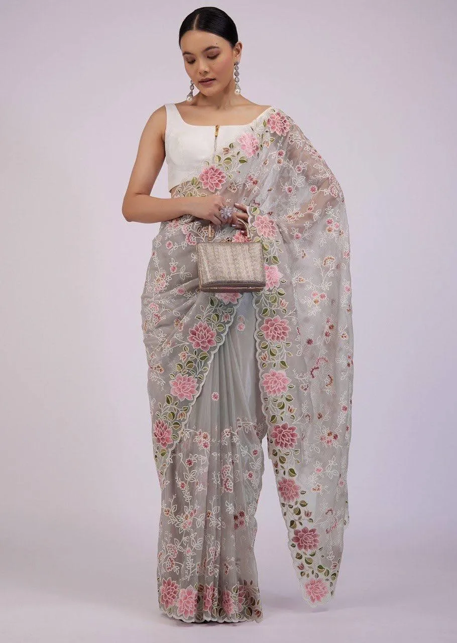 Light Grey Organza Embroidery Saree