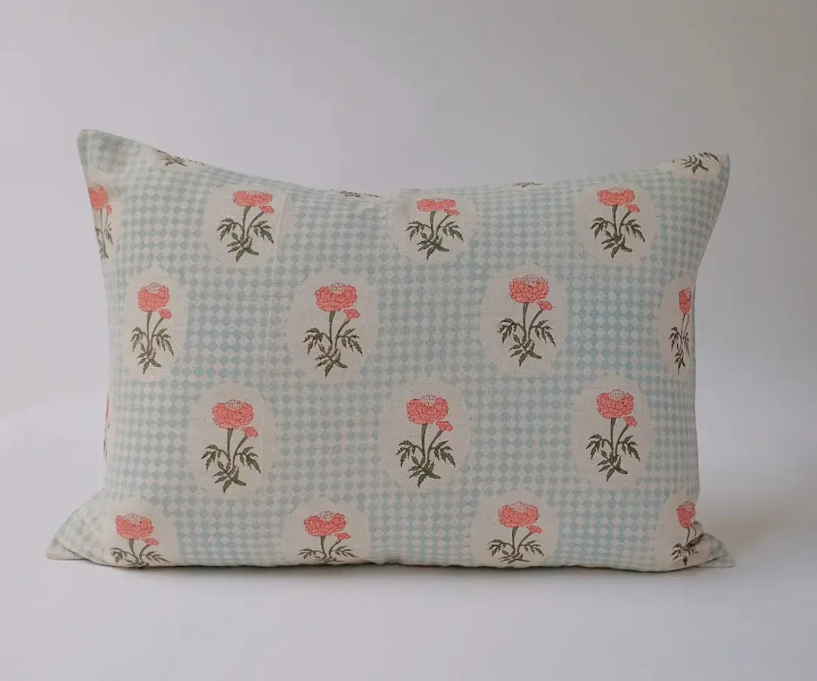 Linen Hand Block-Printed Pillowcase in Sky Blue