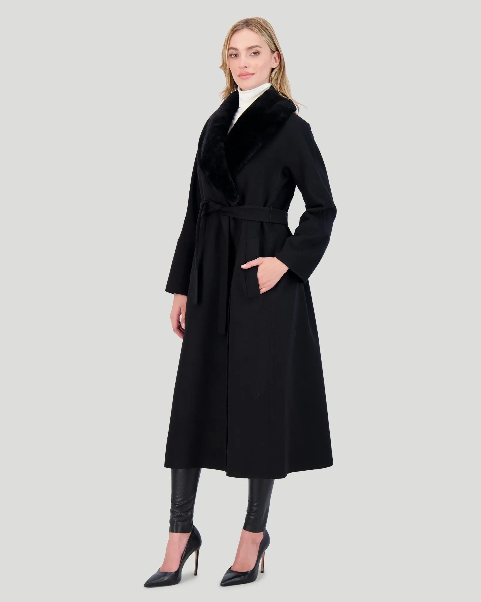 Loro Piana Wool Short Coat with Select Shearling Lamb Collar