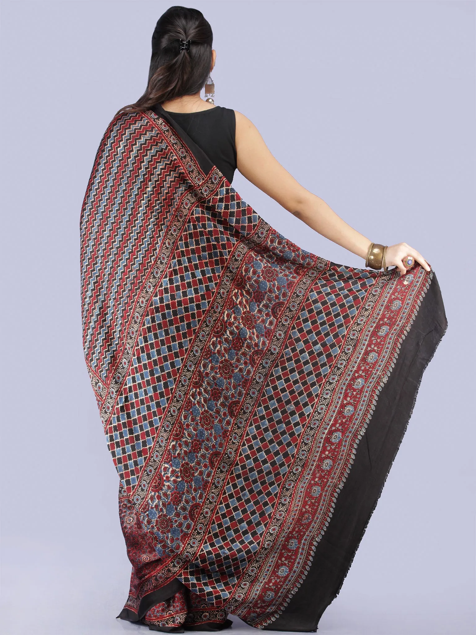 Maroon Black Blue Ajrakh Hand Block Printed Modal Silk Saree - S031704257